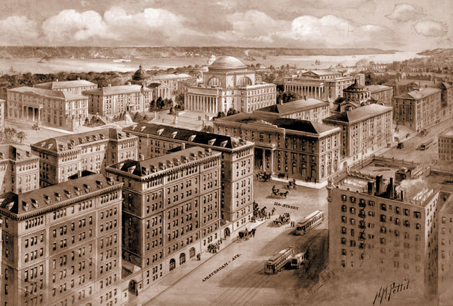 A rendering of Charles McKim’s original plan for the campus shows, in the foreground, buildings (never built) that would have formed a quadrangle with Hartley and Wallach. 